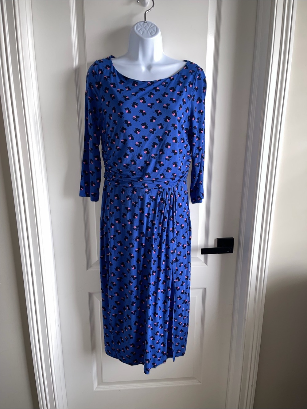 Boden Blue Floral Faux Wrap Midi Dress US 8L 3/4 Sleeve Stretch